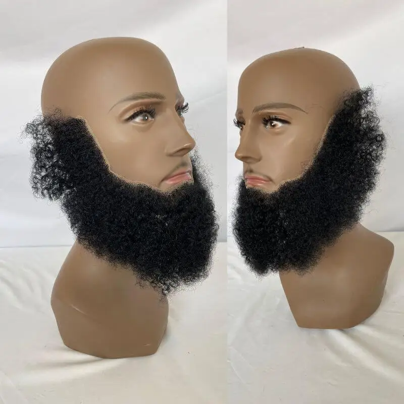 Pwigs Human Hair Afro Curl Face Beard Mustache For American Black Men Realistic Makeup Lace Base Replace System 1B Black Color