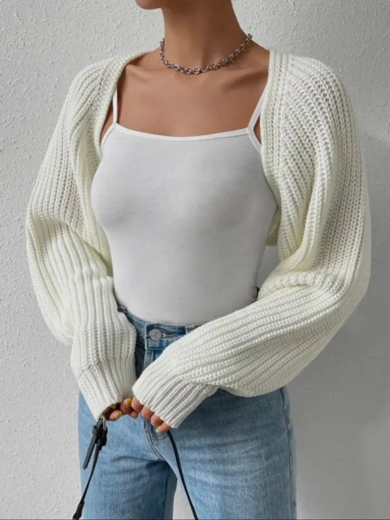 Women\'s Long Sleeve Open Front Knitted Crop Cardigan Sweater Shrug