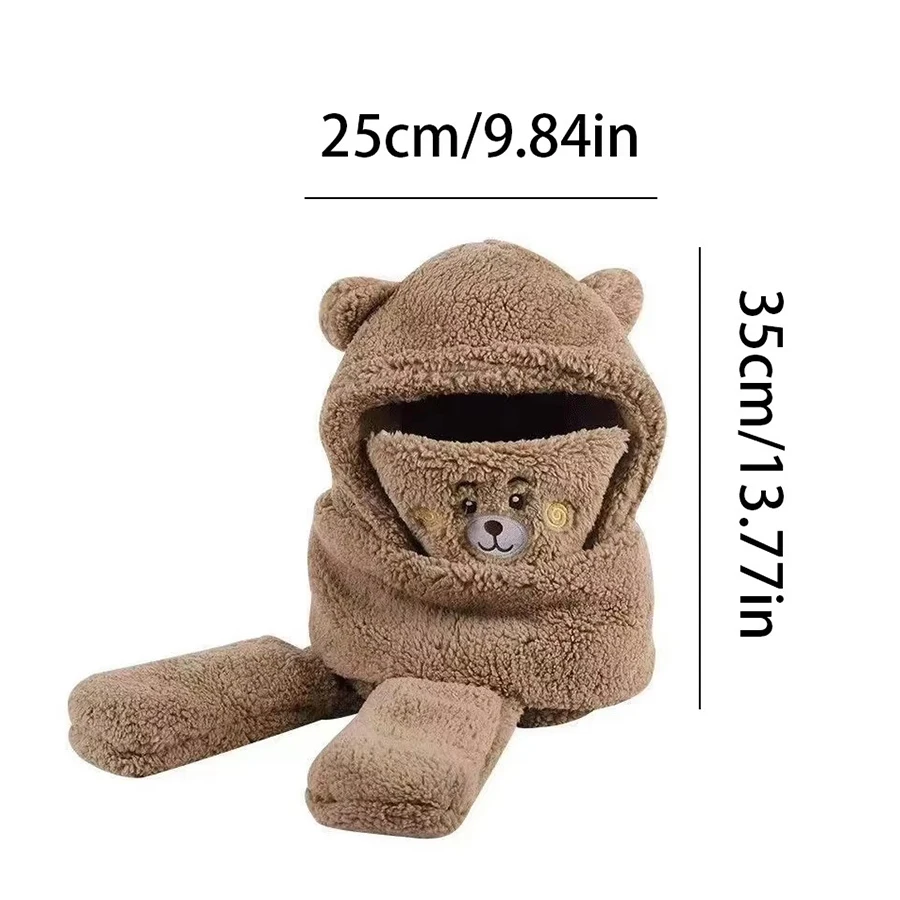 Thickened Lamb Plush Hoodie Hat Cute Bear Ear Hat Fashion Winter Warm Comforts Scarf Gloves Set Girl Kawaii Warm Casual Hat