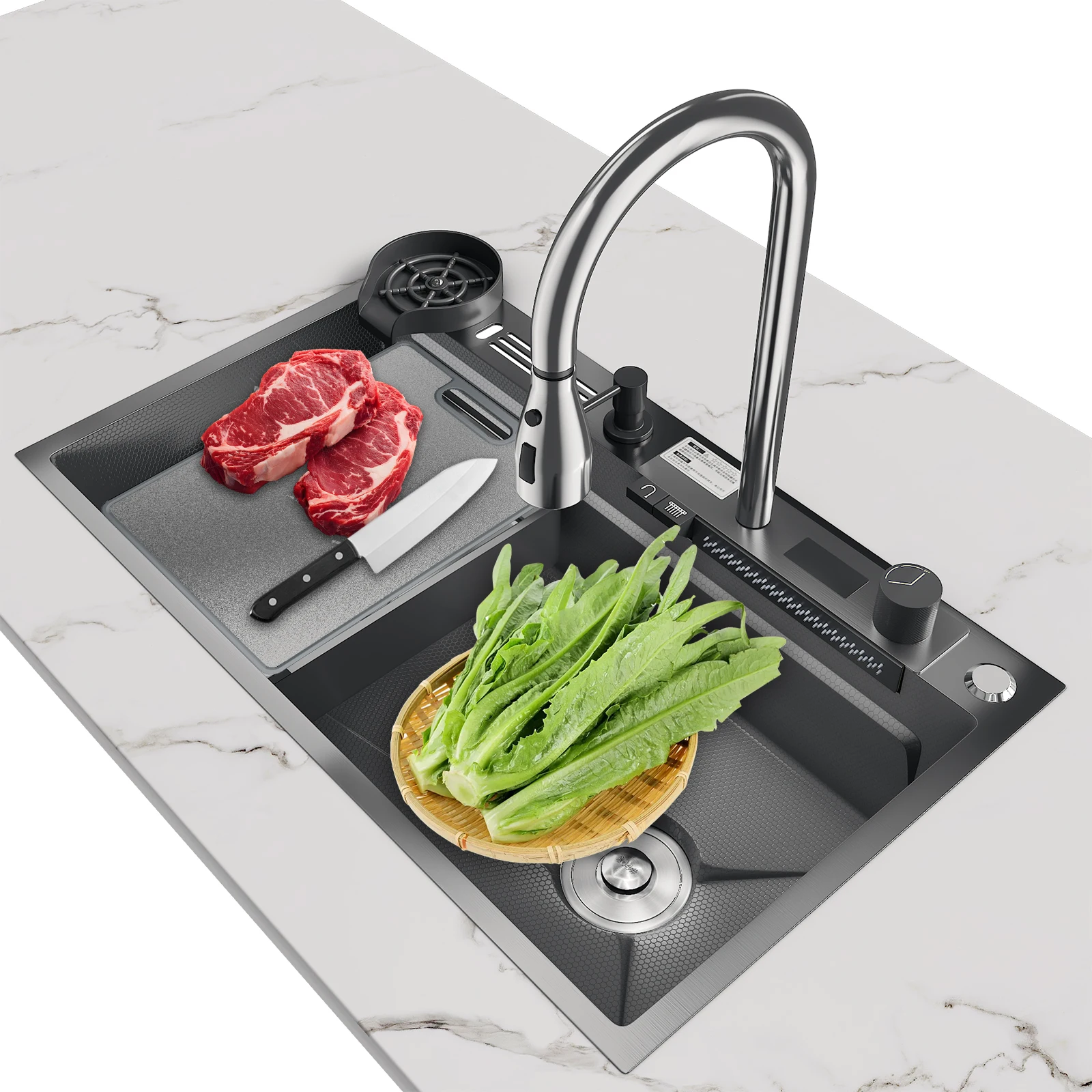 Gattino in acciaio inossidabile con rubinetto a caduta d'acqua con display digitale, lavello balena multifunzionale a fessura singola larga 75 * 45 cm