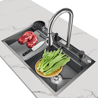 Fainless Steel kitten with Digital Display water fall falcet, Multifunctional 75*45cm wide Single Slot Whale Sink