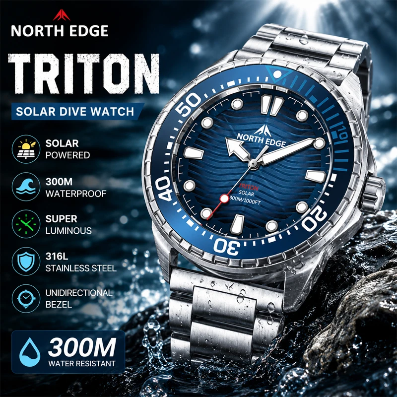 NORTH EDGE 2026 Nouvelle montre de plongée solaire TRITON pour hommes, montres à quartz de luxe pour hommes, boîtier en acier inoxydable 316L, étanche 300M