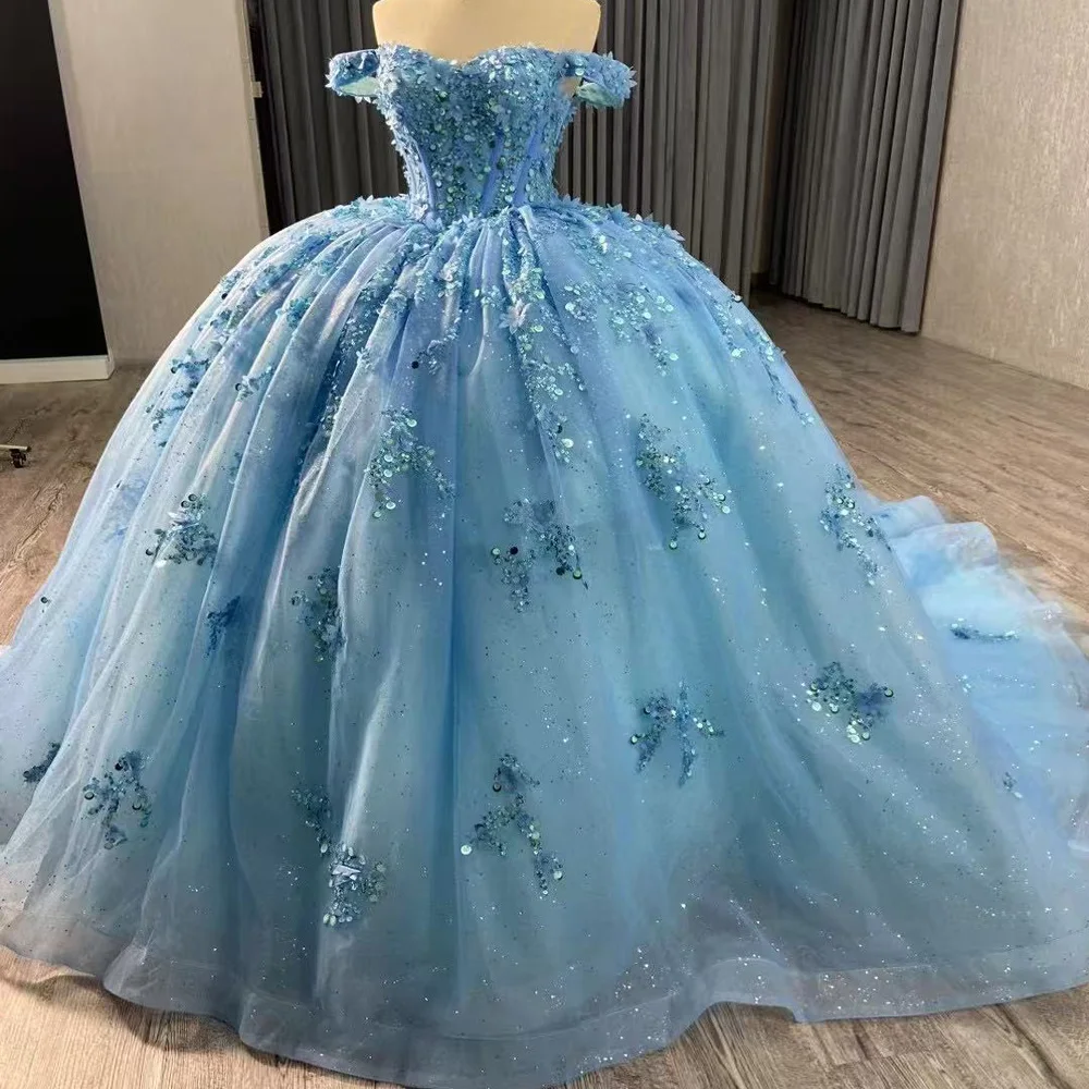 Vestidos De 15 con hombros descubiertos, apliques De novia con lentejuelas y cordones en la espalda, Vestidos morados para fiesta De lujo