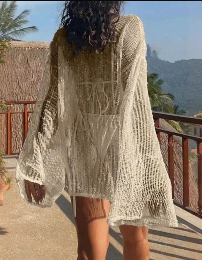 Damen Boho-Strickkleid mit langen ausgestellten Ärmeln, sexy Strand, lässig, lockerer Häkel-Bikini, Überwurf-Badebekleidung mit Seitenschlitz