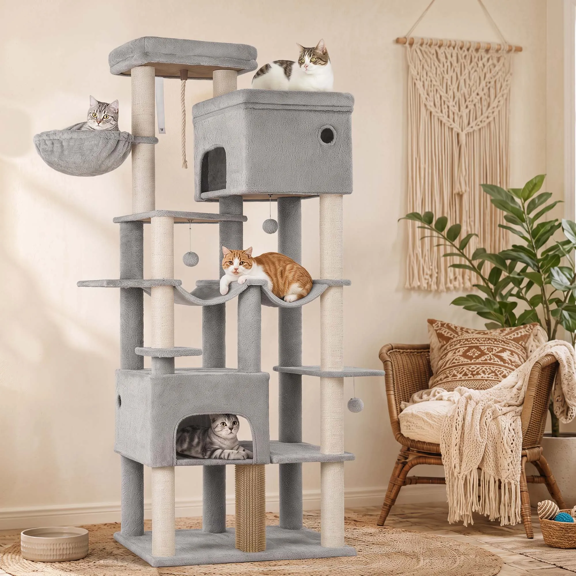 Halupeit, albero per gatti, modello XXL da 200 cm, con 10 punti per graffiare, colore grigio chiaro, 2 grotte, 2 amache, grande piattaforma, spazzole per gatti, cesto, albero per gatti robusto, ideale