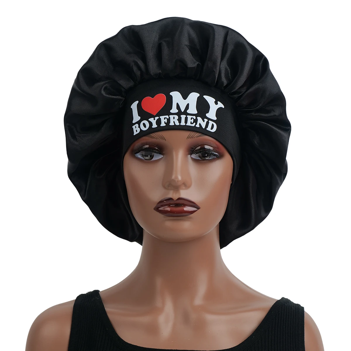 Printed I Love My Girlfriend\' & \'I Love My Boyfriend Satin Sleep Cap with Elastic Wide Band Couples Bonnet
