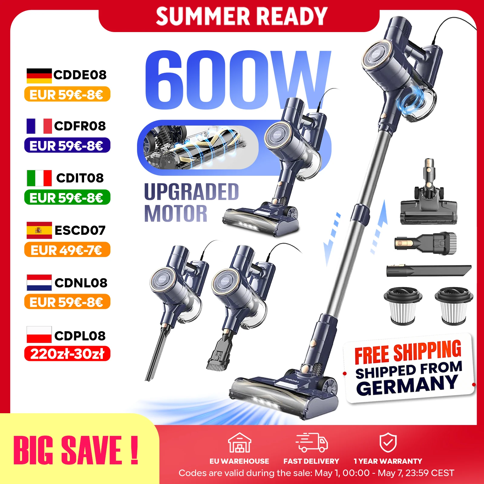 I8 Aspirapolvere con Filo 600W - Aspirazione Potente 23KPa, Motore ad Alte Prestazioni, Cavo 6m, Luci LED, Autoportante, Sistema di Filtrazione HEPA