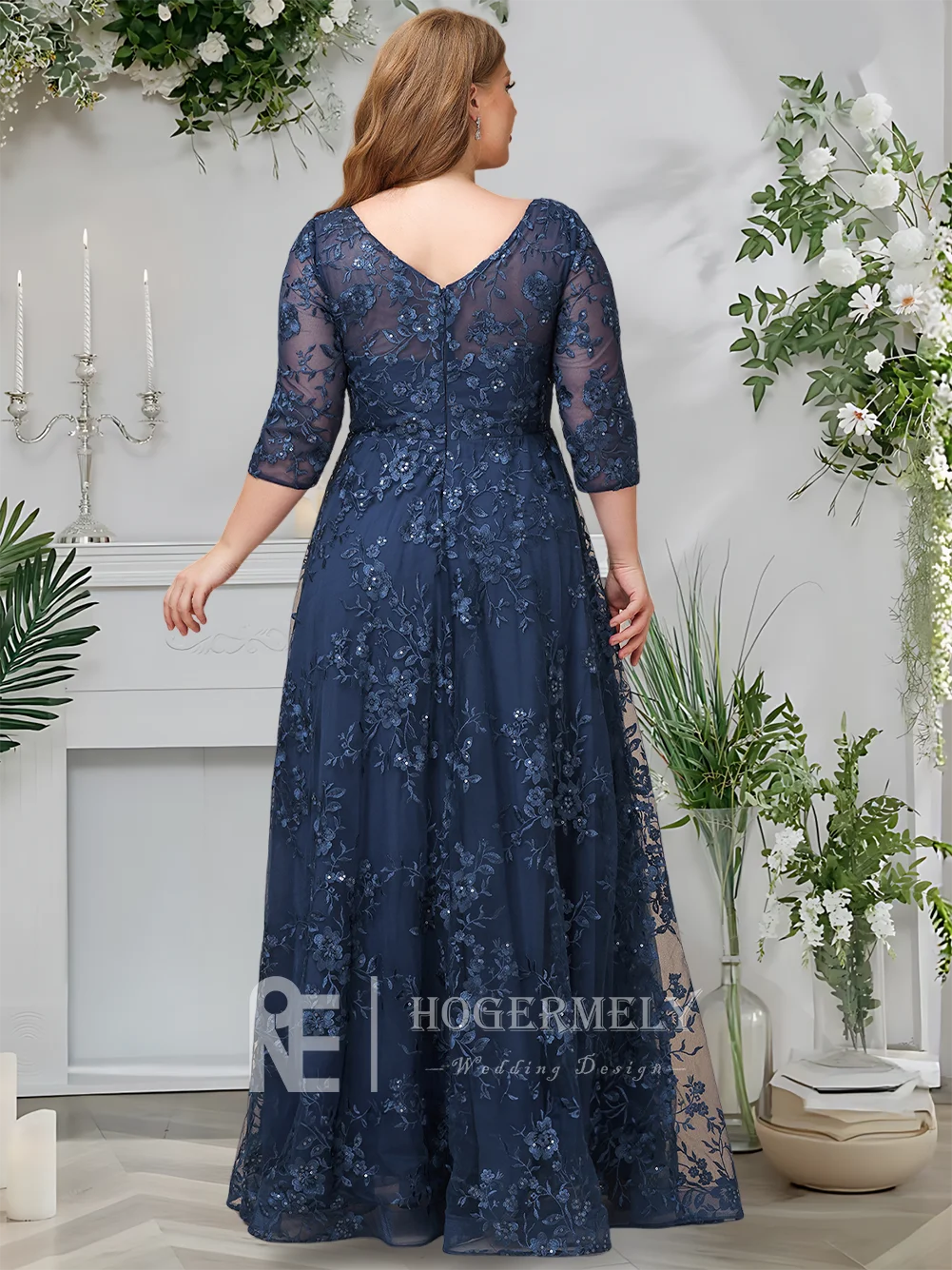 Uma mãe da noiva vestido elegante vestido de noite azul marinho a linha até o chão renda colher 3/4 manga cocktail festa casamento
