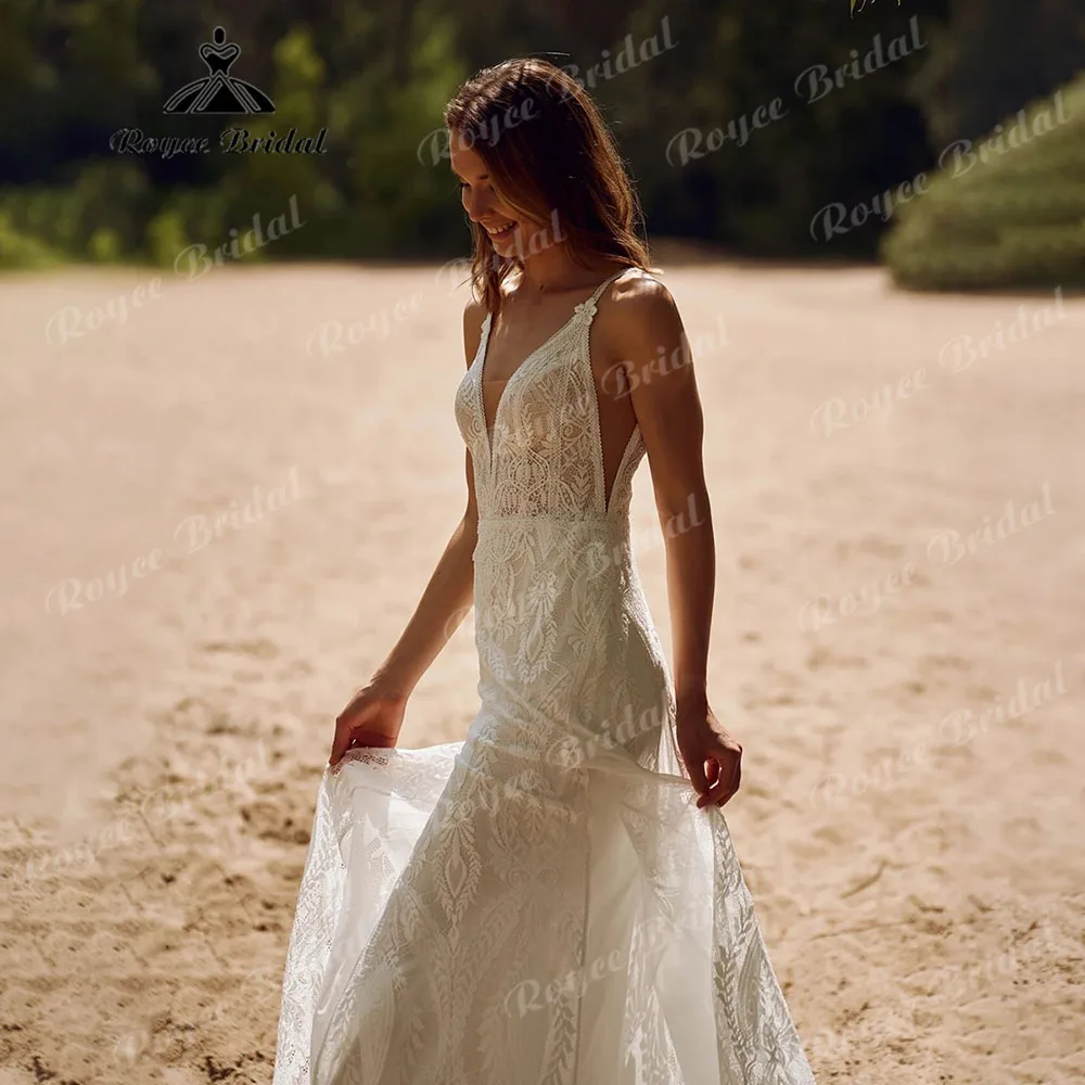 Fließende Boho Bohemian Säule Spitze V-Ausschnitt Brautkleid für Frauen 2024 niedrig geschnittene rücken freie Brautkleid maßge schneiderte Robe de Mariée