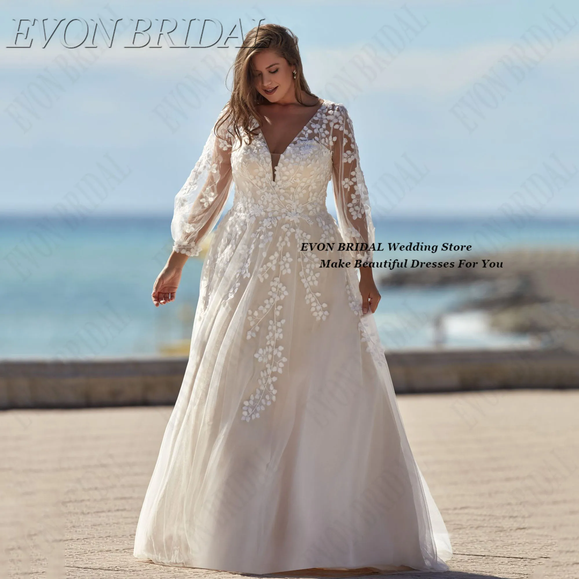 

Lace Plus Size Bride Dresses A Line Sleeveless Classic Bride Gowns Backless Appliques Wedding Dresses EVON BRIDAL Customized