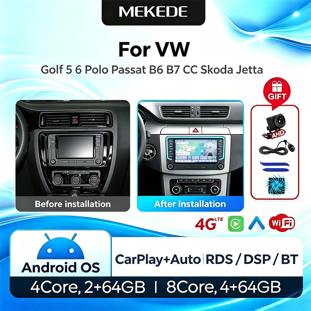 MEKEDE EU-Lager 7 Zoll Android 15 8-Kern 4+64GB Kabelloses CarPlay Android Auto Radio für Volkswagen Amarok Universal VW Golf 5 6 Passat JETTA Skoda Octavia Seat Polo Dual USB Typ-C Intelligentes