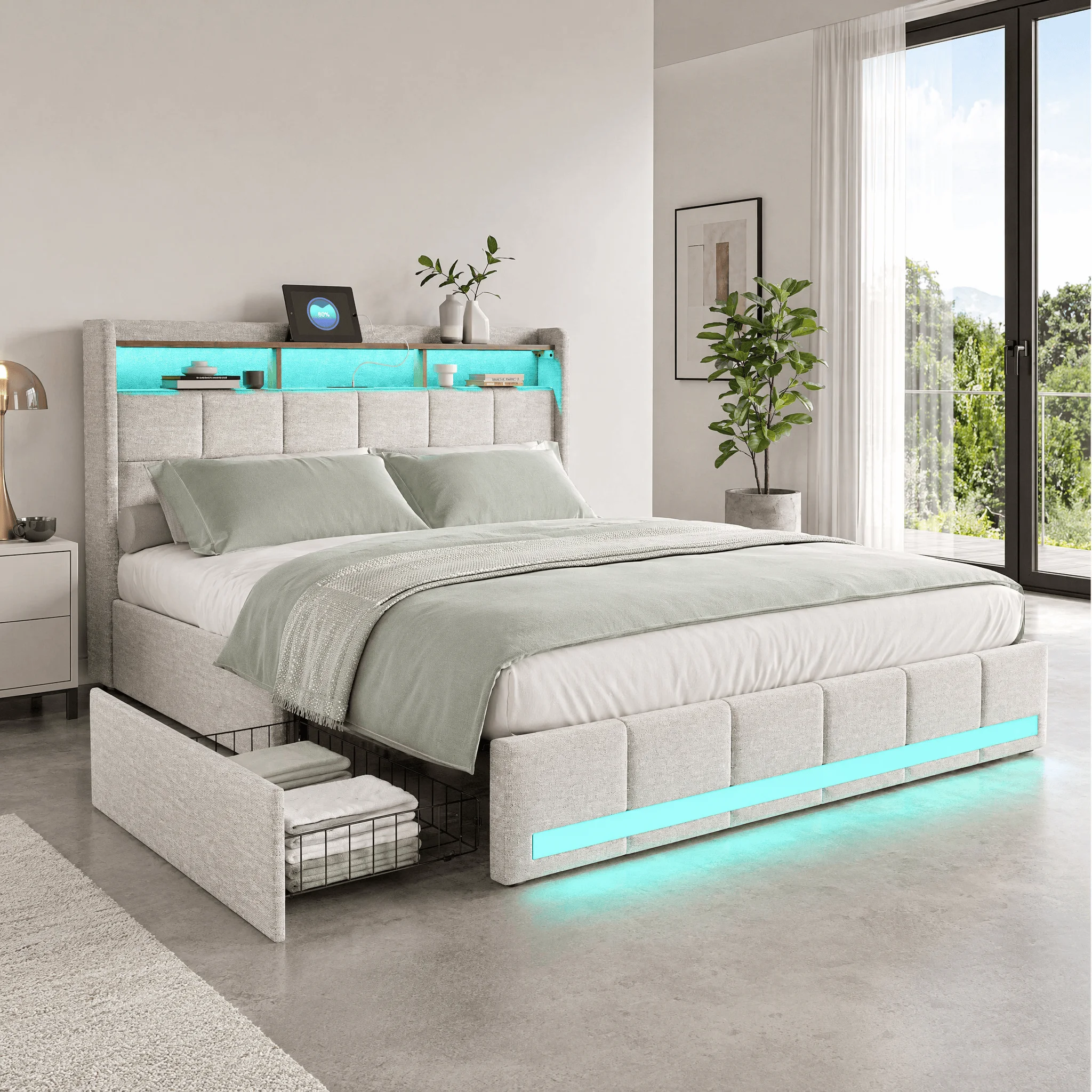 WoodenAura Doppelbett mit 4 Schubladen, Gepolstertes Bett mit Stauraum, Gepolstertes Doppelbett mit LED und USB, Stauraumbetten 180x200 cm mit Lattenrost für Zwei Personen (Beige, 180 x 200)