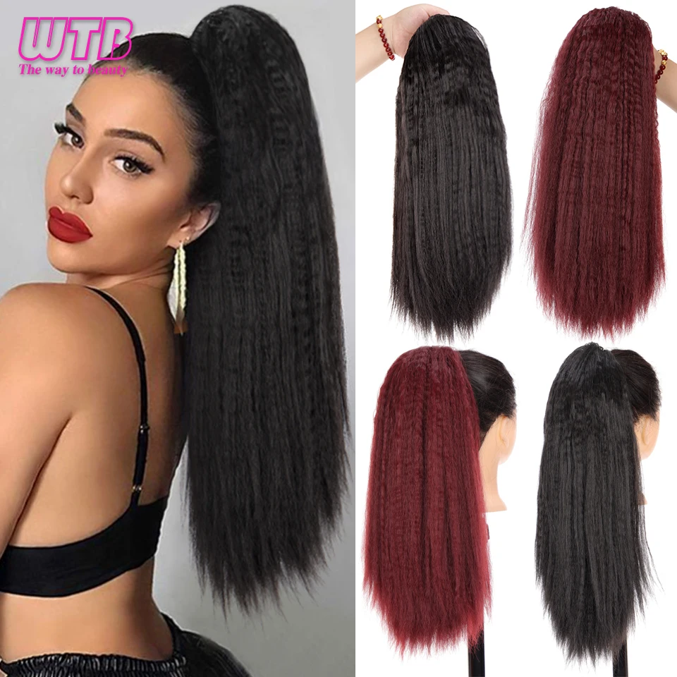 

WTB Synthetic Yaki Straight Drawstring Afro Ponytail for Women 20inch Natural Black Wine Red Kinky Straight Ponytail Hair Bun