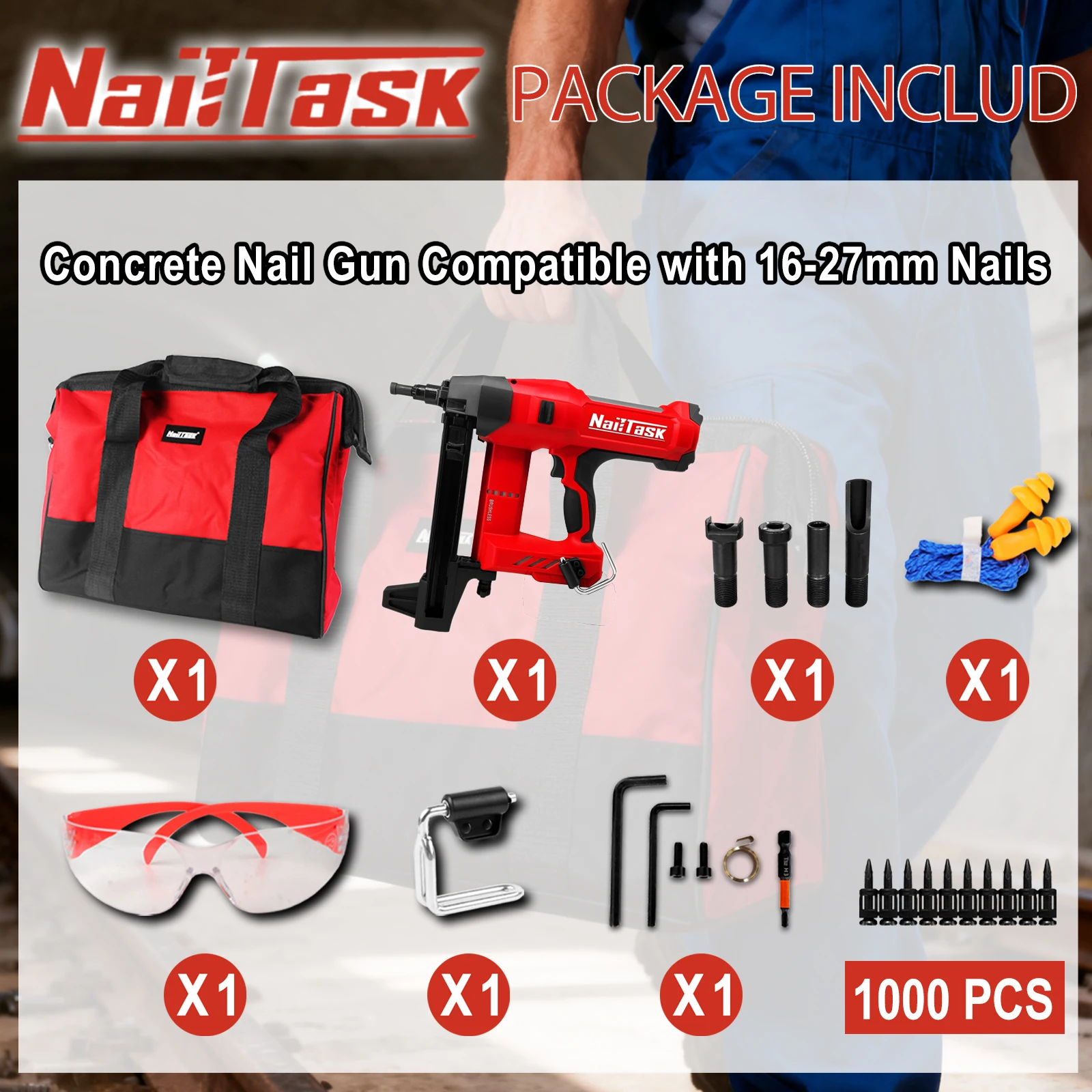NailTask Light Duty Concrete Nailer Compatible with 16-27mm Nails Safety Nailer Power Tools for Wood Metal (Without Battery)