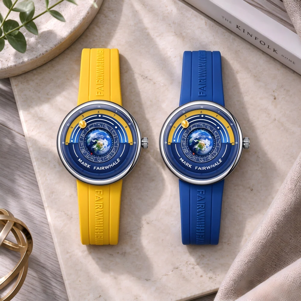 Mark Fairwhale 5700 Men's Quartz Watch - Unique Creative Fashion Waterproof Planet Pointer Silicone Strap Luxury Reloj