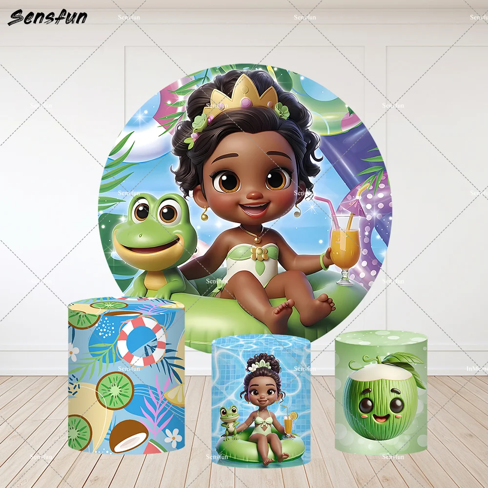 

3D Princess and the Frog theme Round Backdrop for Girls Baby Shower Supplies Summer Pool Party Background Cake Table Banner