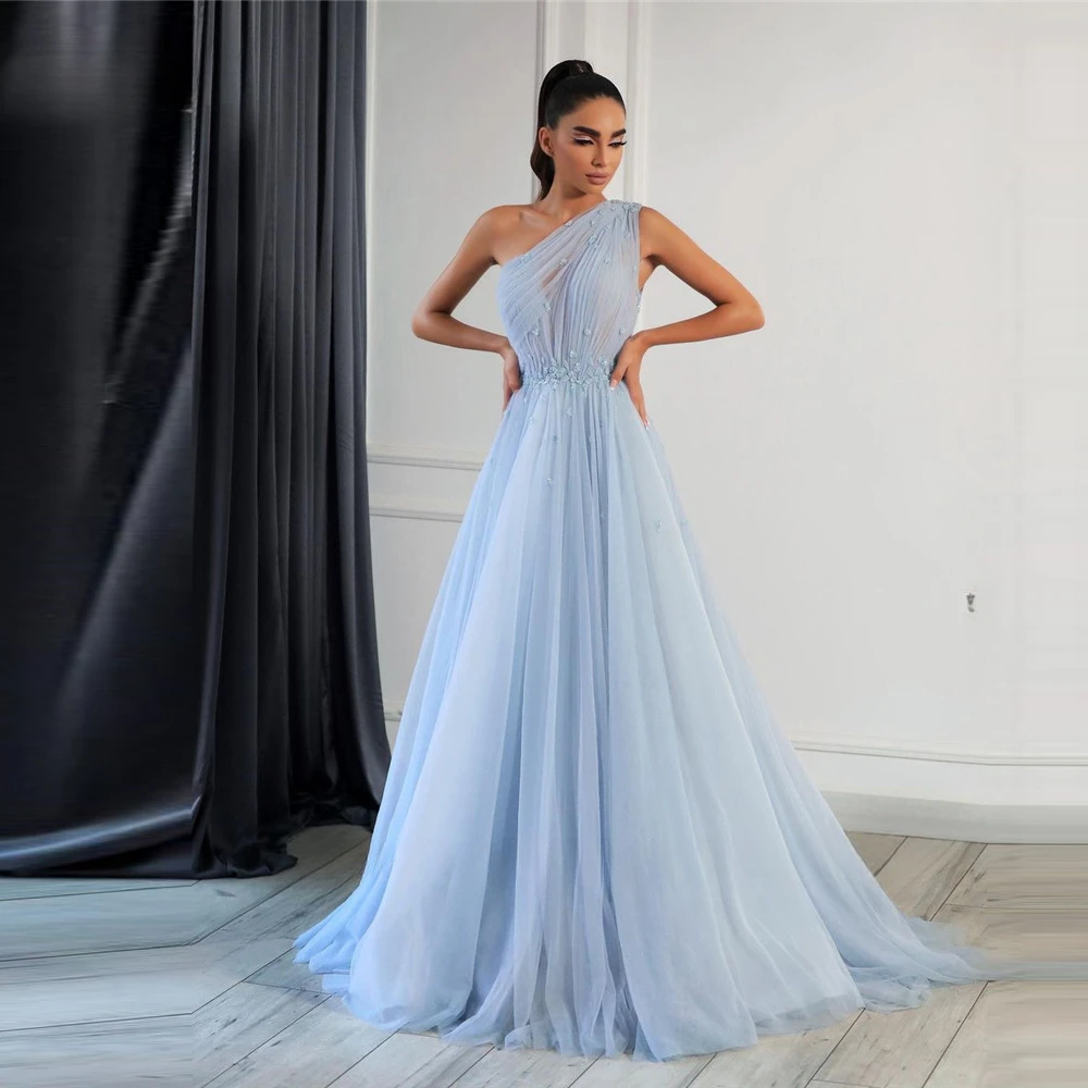 Luxury Sky Blue One Shoulder Tulle Evening Dresses for Women Wedding Party Gowns Prom A-line 2024 Sky Blue Prom Dress Vestidos