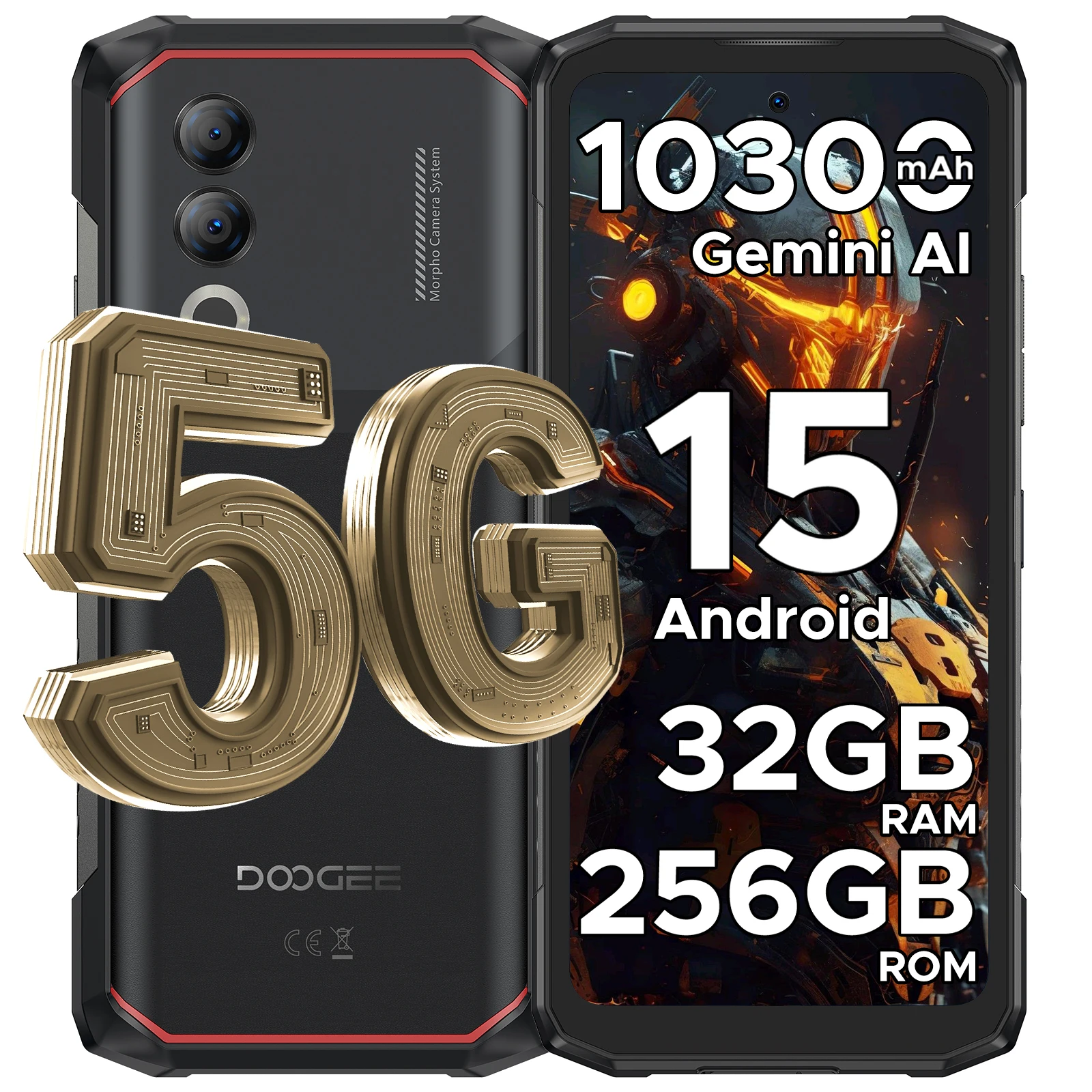 Teléfono Inteligente Resistente DOOGEE Blade20 Turbo 5G con Dimensity 7050 2.6GHz y Gemini AI, 32(8+24) GB+256 GB, Android 15, Batería de 10300 mAh