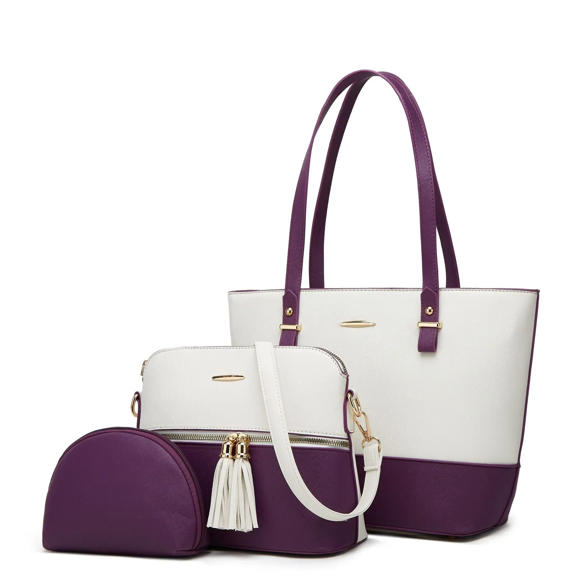

Gorfia Women's 3 - Piece PU Leather Bag Set Purple White Color Block Tote Crossbody Coin Purse Stylish Versatile for Daily Use