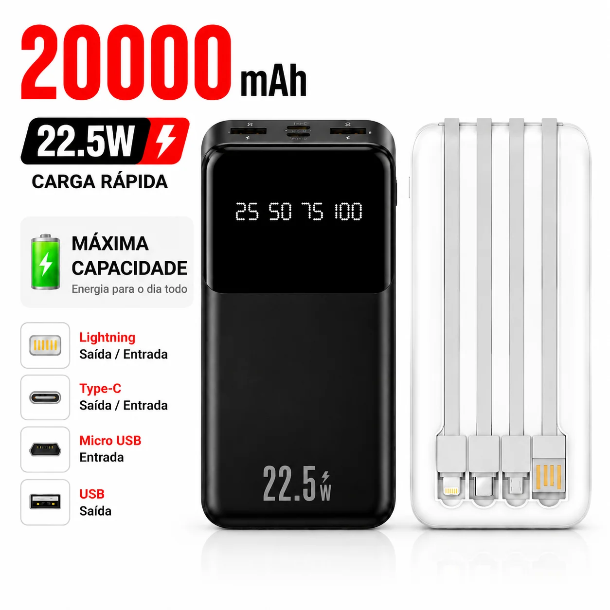Power Bank 20000mAh: Carregamento Ultra-Rápido, Carregador Portátil, 4 Portas USB e Visor Digital
