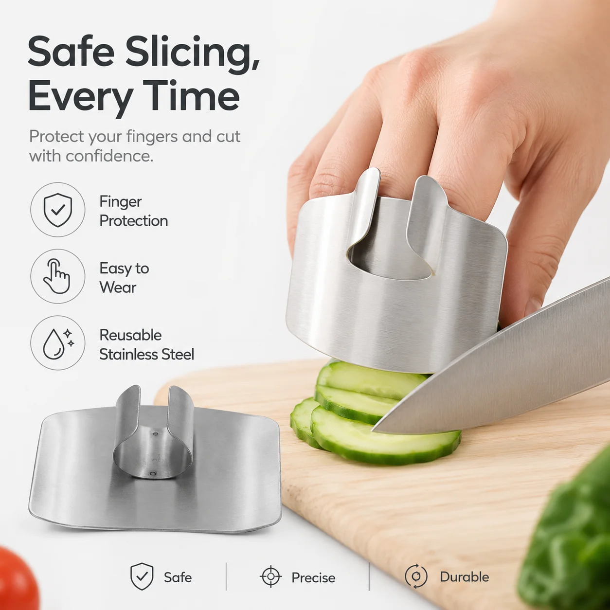 Stainless Steel Finger Guard for Cutting Vegetables, Adjustable Kitchen Finger Protector, Hand Safety Guard for Slicing, Chopping and Food Prep