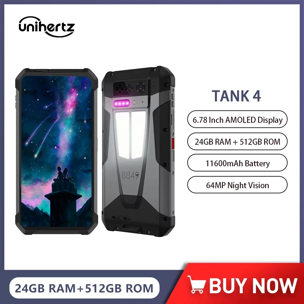 Unihertz by 8849 Tank 4 5G Rugged Projector Dimensity 7300 2.6k AMOLED Display 2GB 512GB Mobile Phone 11600mAh 64MP Night Vision