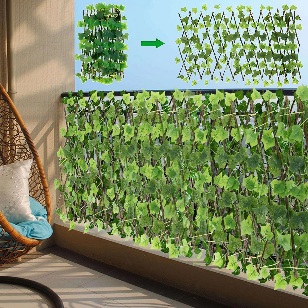 230cm Artificial Ivy Green Leaves Wooden Fence Faux Privacy Fence Screen Panels for Home Wall Garden Balcony Decoration