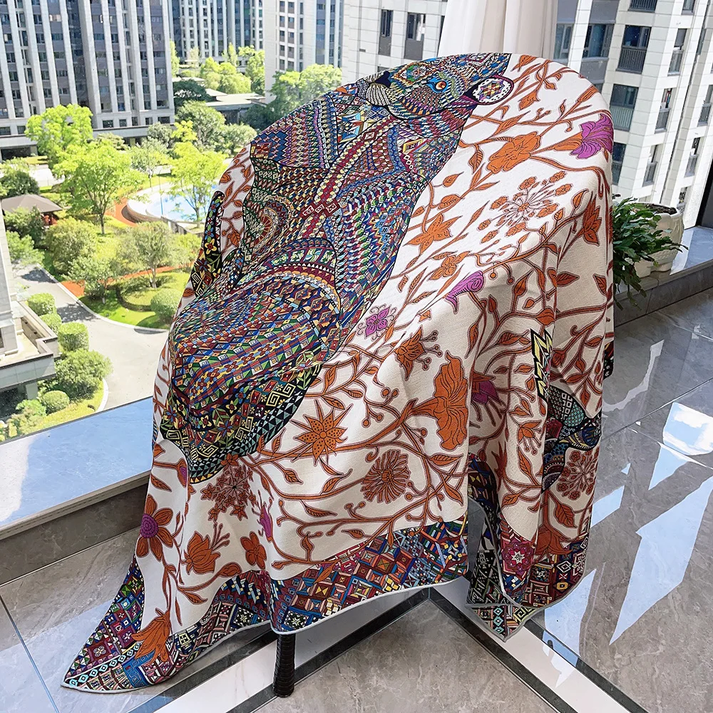 

Double Faced Print Shawls Rolled Edges Scarf Luxury Stoles Women Silk Wool Scarves Mother Christmas Gift 135CM Lion Print