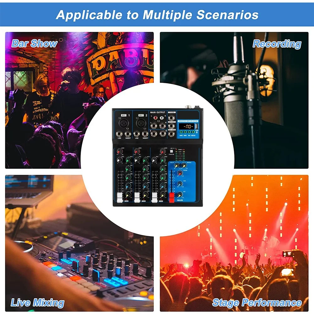 4-Channel Professional Compact Mixer with Bluetooth, USB Mp3 Playback, 48V Phantom Power, Live Streaming, Karaoke Recording, and Mixing Console view 6