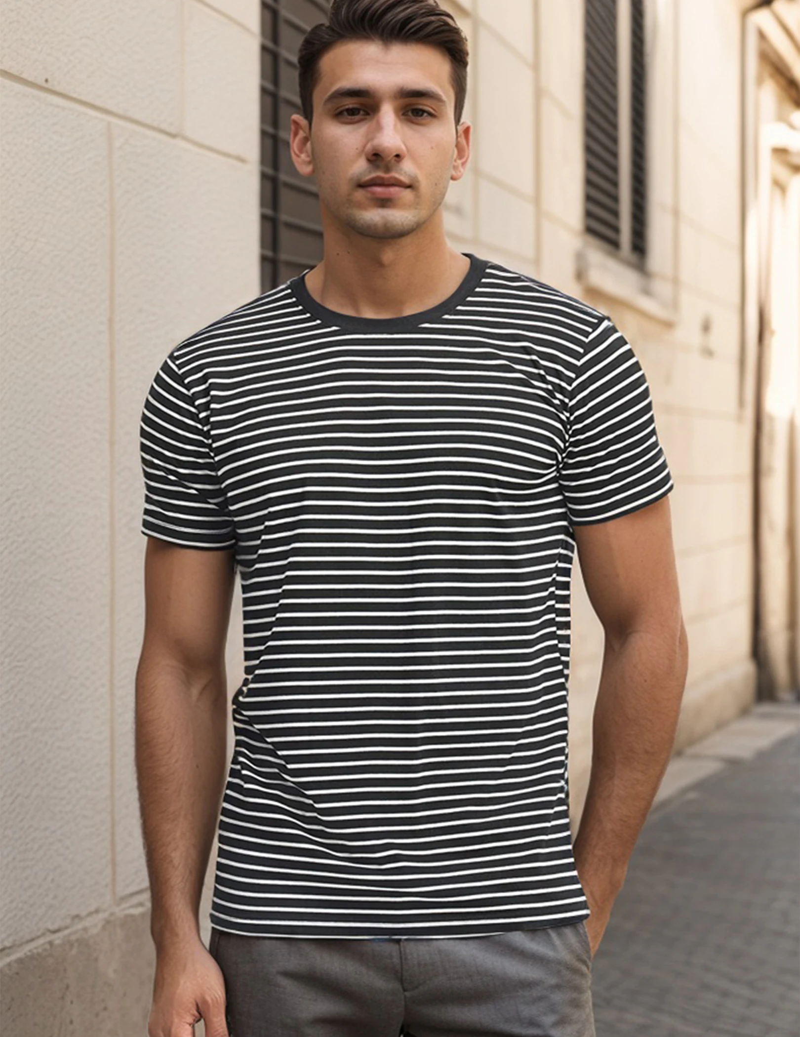 Men's Crew Neck Striped Short Sleeve T-Shirt - Comfortable and Soft Cotton Fabric for Casual Summer Outfits