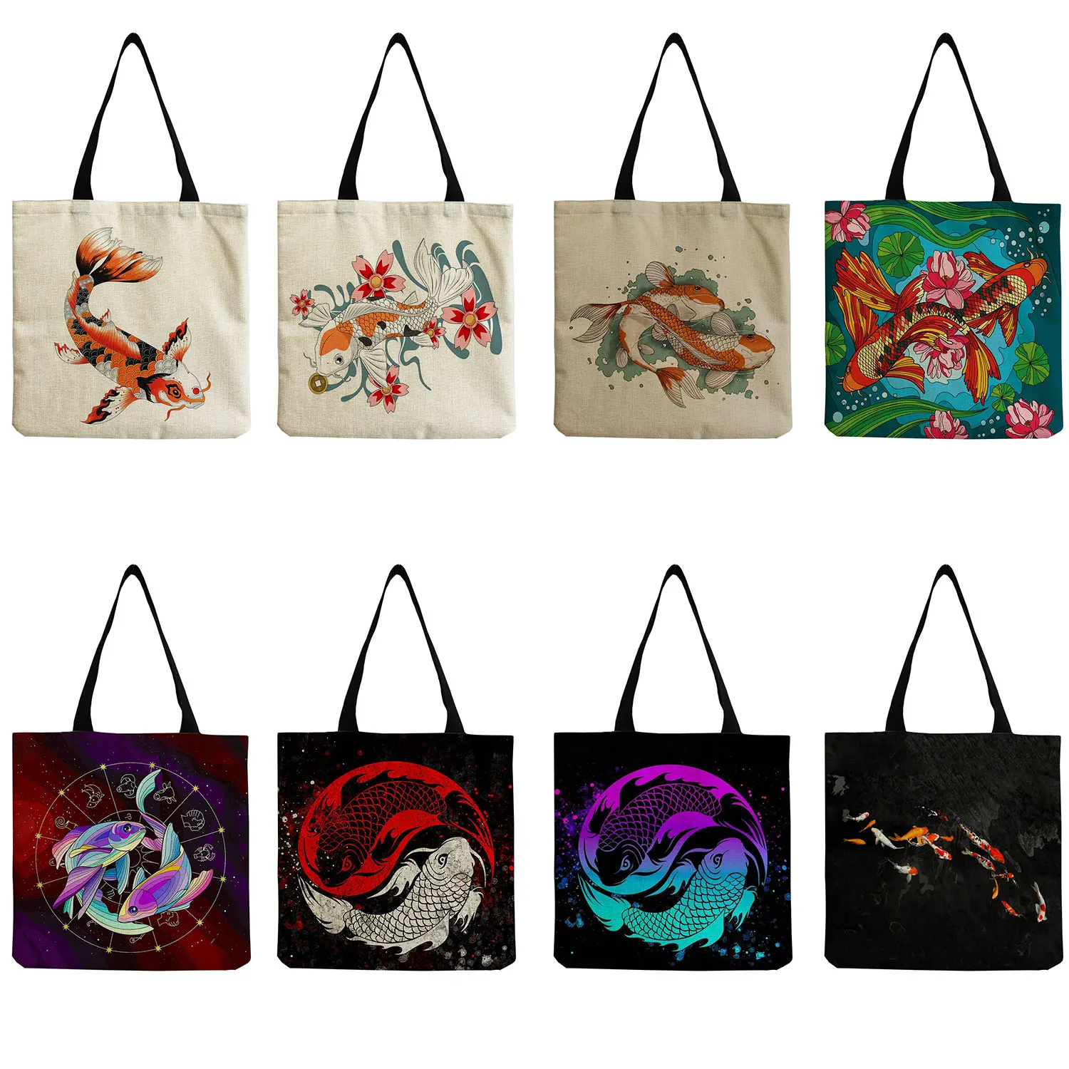 

Chinese Fish Print Women's Shoulder Bag High Capacity Travel Handbags Eco Reusable Portable Ladies Shopping Bag Female Tote Bag