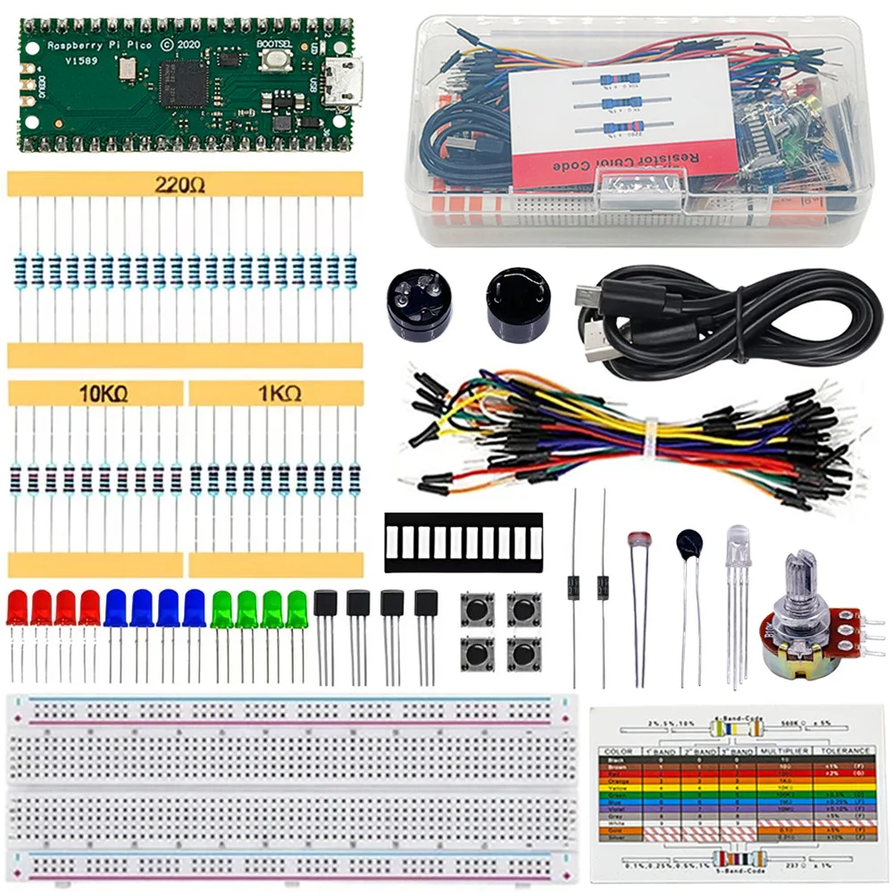 Electronics Starter Kit for Raspberry Pi Pico, Dual-Core Arm Cortex-M0+ Microcontroller, Supports Python and C Programming