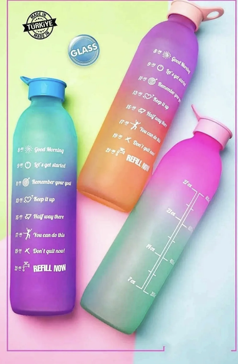 

1L Colorful Motivation Water Bottle Outdoor Large Capacity Glass Sport Creative Hiking Leakproof Straw Cup Time Marker Camping