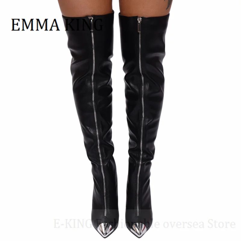 2022 Women Front Zipper Thigh High Boots Faux Leather High-heeled Over The Knee Boots Sexy Stilettos Botas Ladies Fashion Shoes