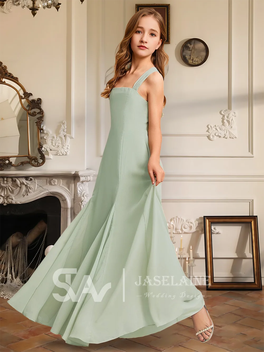 

A A-Line Square Floor-Length Chiffon Junior Bridesmaid Dress Flower Girl Dress Girls Party Wedding Formal Special Occasion