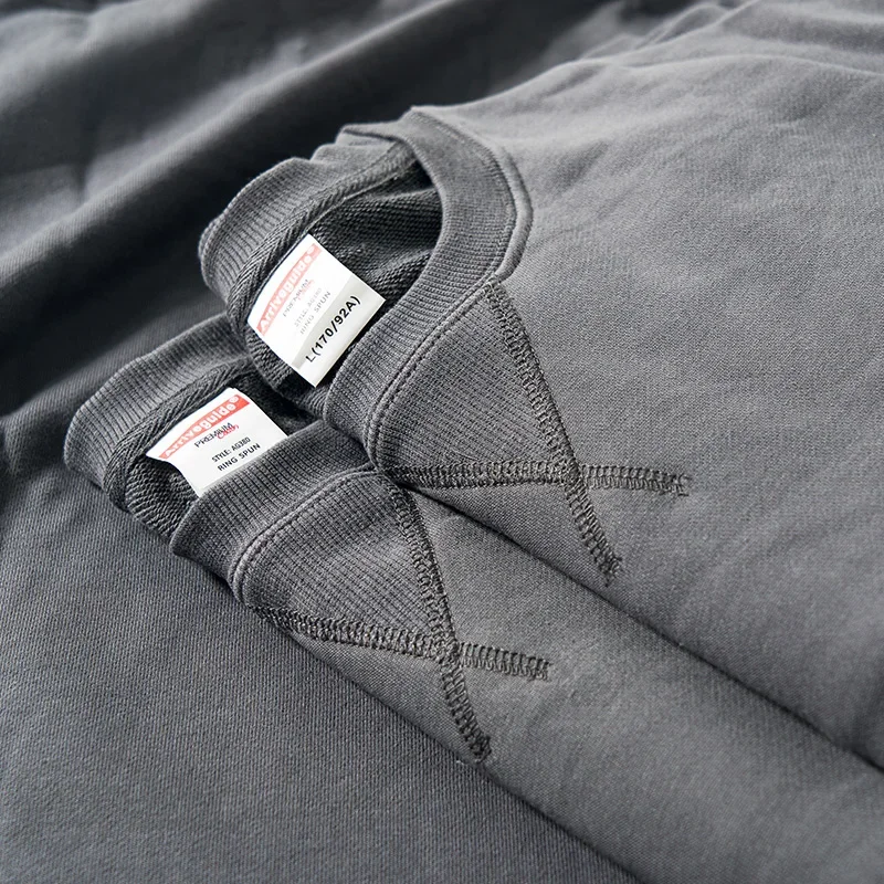 380g Tight Match Heavy Inverted Triangle Loose Versatile Solid Cotton Vintage Autum Winter Sweter z długim rękawem i okrągłym dekoltem — zdjęcie 2
