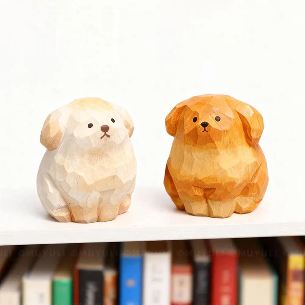 Hand Carved Wooden Golden Retriever Puppy Figurine Cute Dog  Statue Ornament Home Desktop Wood Art Decor Gift for Dog Lovers