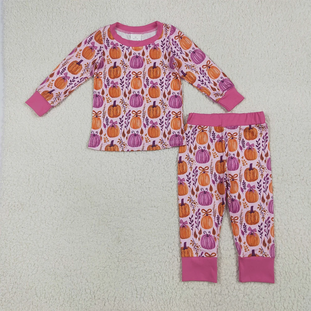 

New Fashion Baby Girls Long Sleeves Hot Pink Floral Pumpkins Top Pant Pajamas SetWholesale Boutique Children RTS