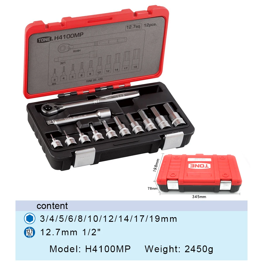 TONE H4100MP Hexagon Socket Ratchet Wrench Set 12PCS with Storage Case Mutifunctional Hex Bits Set Repair Hand Tools