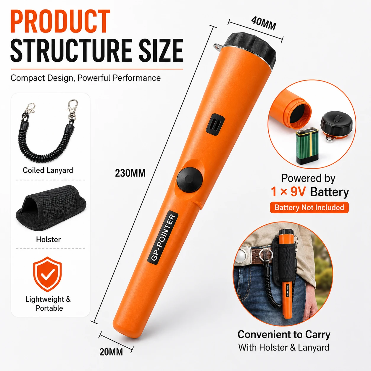 GP-Pointers Handmetalldetektor Pinpointer Wasserdicht 360 ° Seitenscanner-Goldmünzen-Schatzfinder mit Vibrations- und Tonalarm – Detail 6