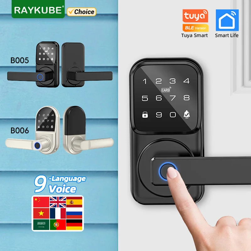 

RAYKUBE B005 Tuya BLE цифровой электронный умный дверной замок с засовом и отпечатком пальца с дверным звонком 9-блокировка языкового пароля/разблокировка карт