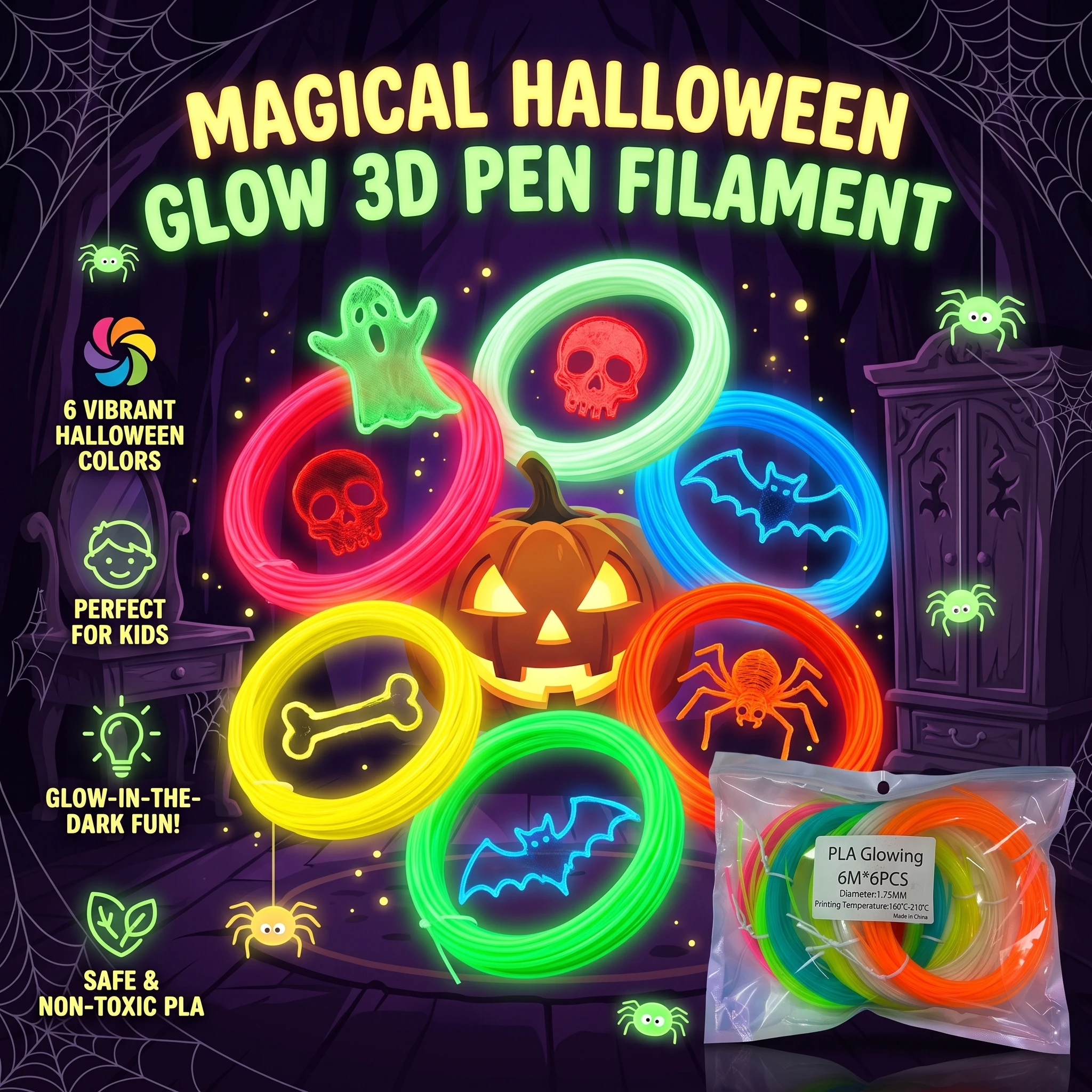 Halloween Glow-in-the-Dark PLA 1.75mm Filament Eco-Friendly for 3D Printers And 3D Pens - Refill Pack
