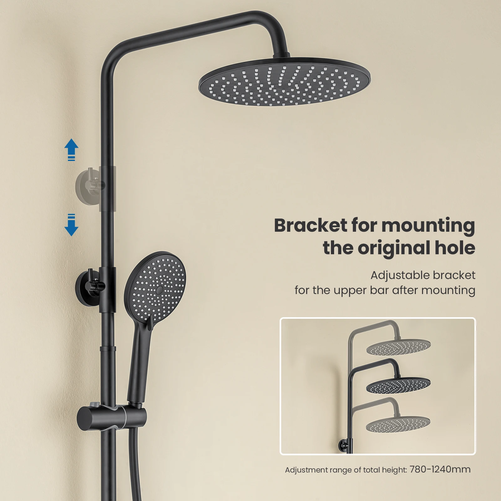 Colonne de douche noire, ensemble de douche en acier inoxydable, douche pluie 25 cm, douchette à main 3 jets, 78-124 cm, sans robinet