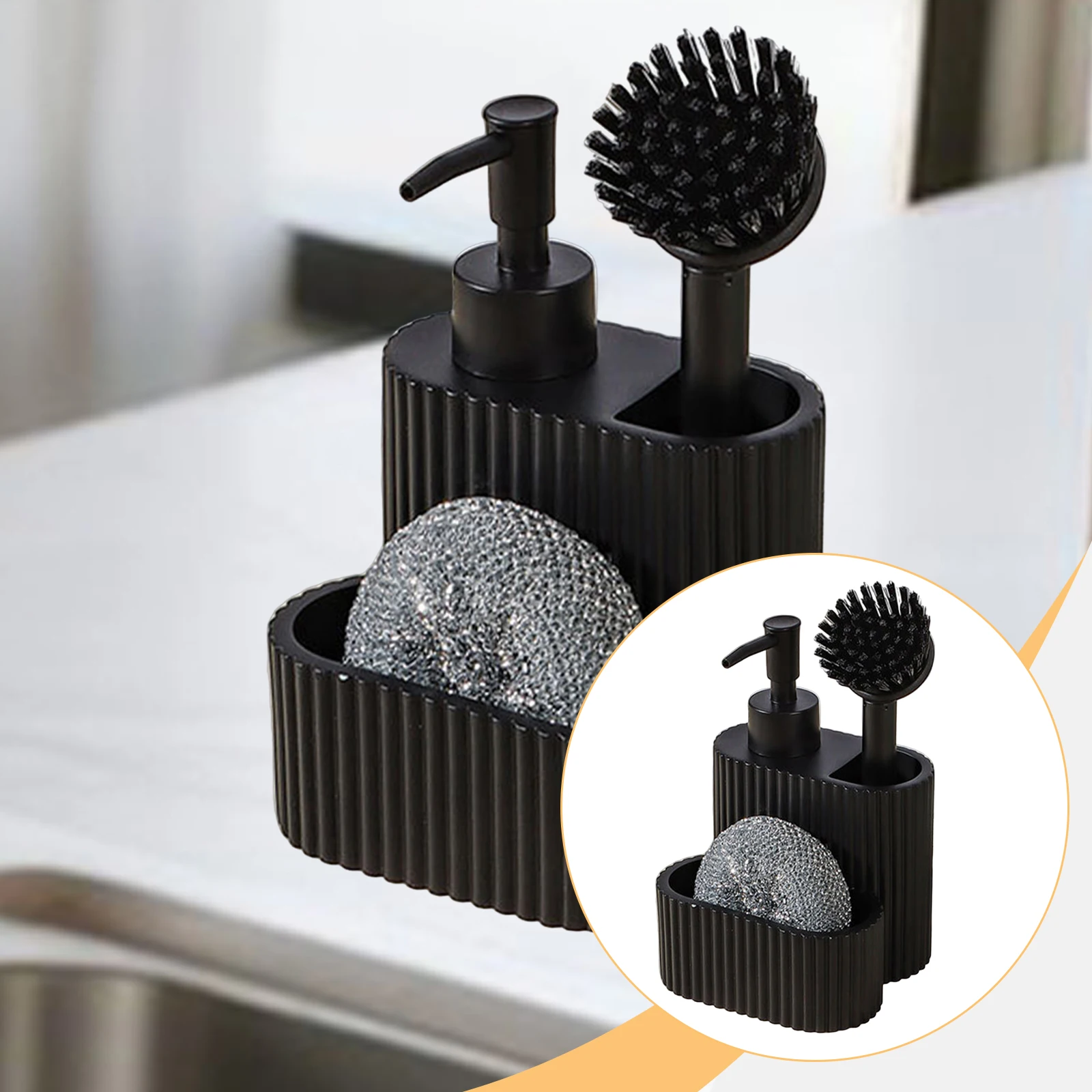 

3 in 1 Dish Soap Dispenser Accessories with Sponge and Brush Kitchen Gadgets Countertop Organizer Multifunctional