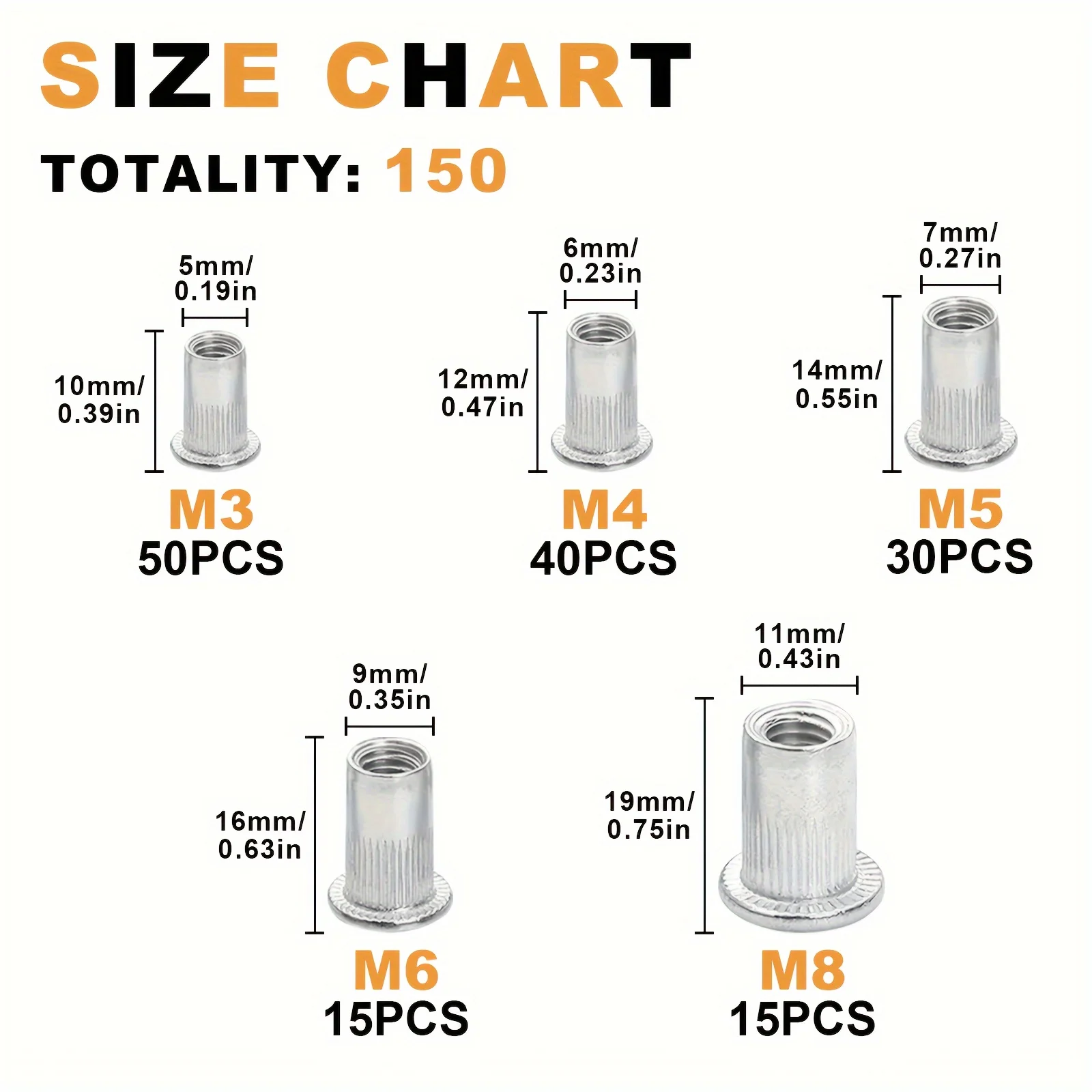 Vkkm 150 peças conjunto de porca de rebite de liga de alumínio, m3 m4 m5 m6 m8 cabeça plana rosqueada rebornnuts/inserção porcas sortimento kit
