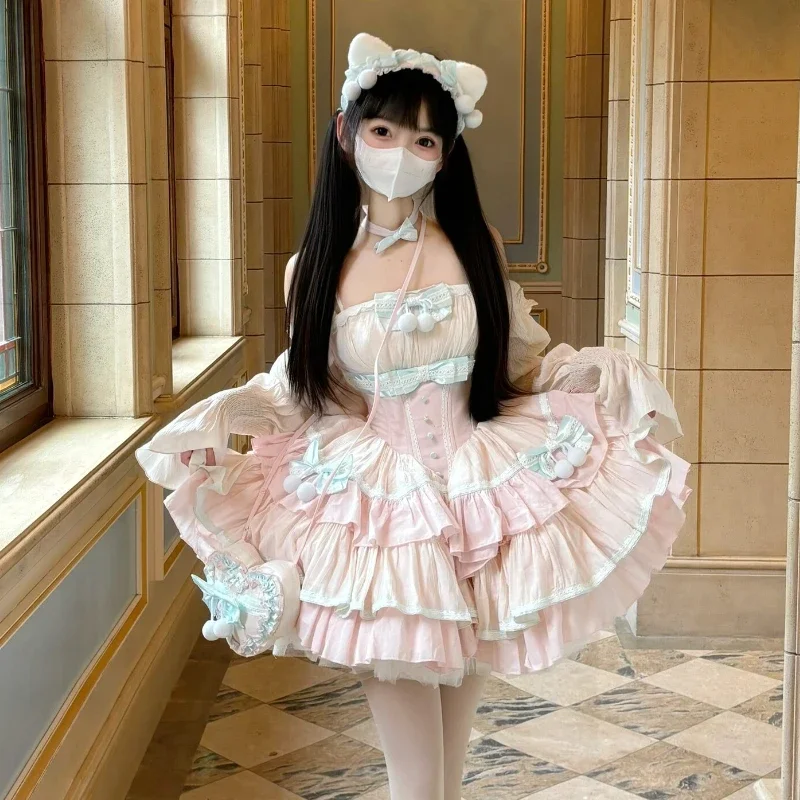 Japanese Sweet Lolita OP Dress Kawaii Women Vintage Elegant Lace Bow Ruffles Princess Party Dresses Sexy Slim Off Shoulder Dress — zdjęcie 2