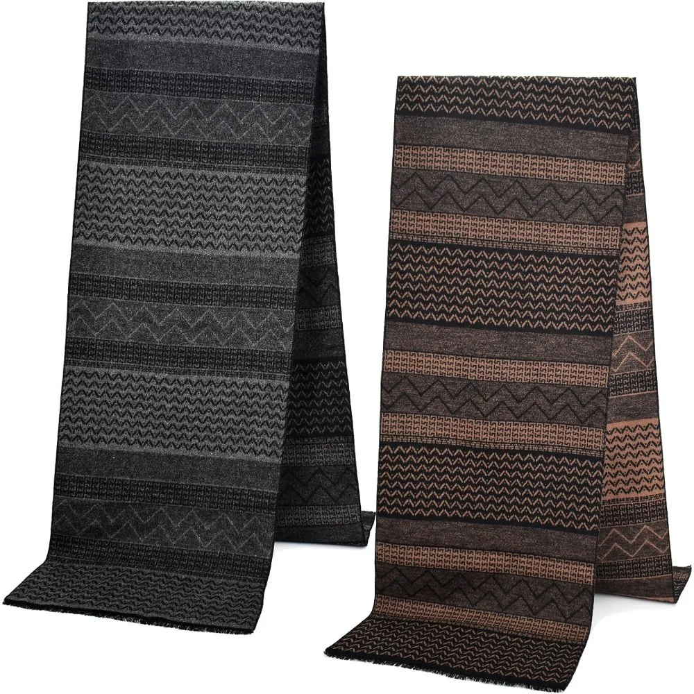 

Men's Winter Scarf, 2-Pack Warm Cashmere Feel Striped Color Check Tartan Plaid Tassel Soft Long Fashion Neck Scarves