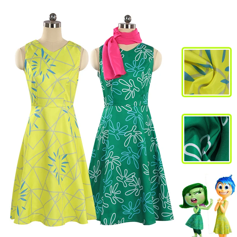 

Inside Out Cosplay Costumes Joy Yellow Dress Disgust Green Dress with Scarf Womens Halloween Party Outfits