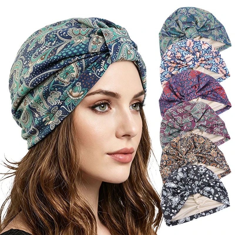 New Women Flower Print Twist Knot Turban Satin lining Chemo Cap  Bonnet Head Scarf Wrap Indian Hat Beanies Skullies Arab Islamic