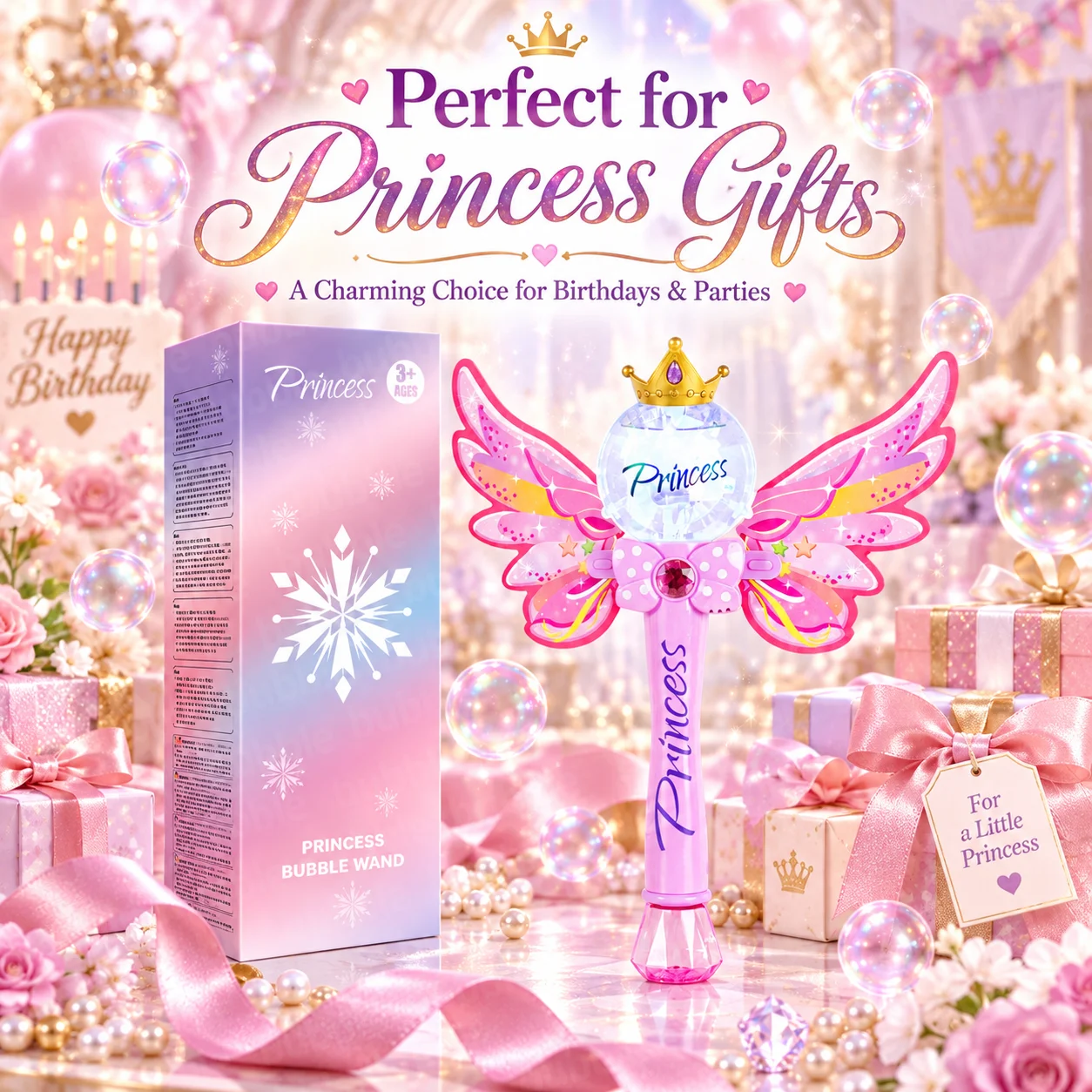 Princess Butterfly Bubble Wand for Girls, Pink Crown Fairy Toy, Birthday Party Gift, Batteries and Bubble Solution Not Included